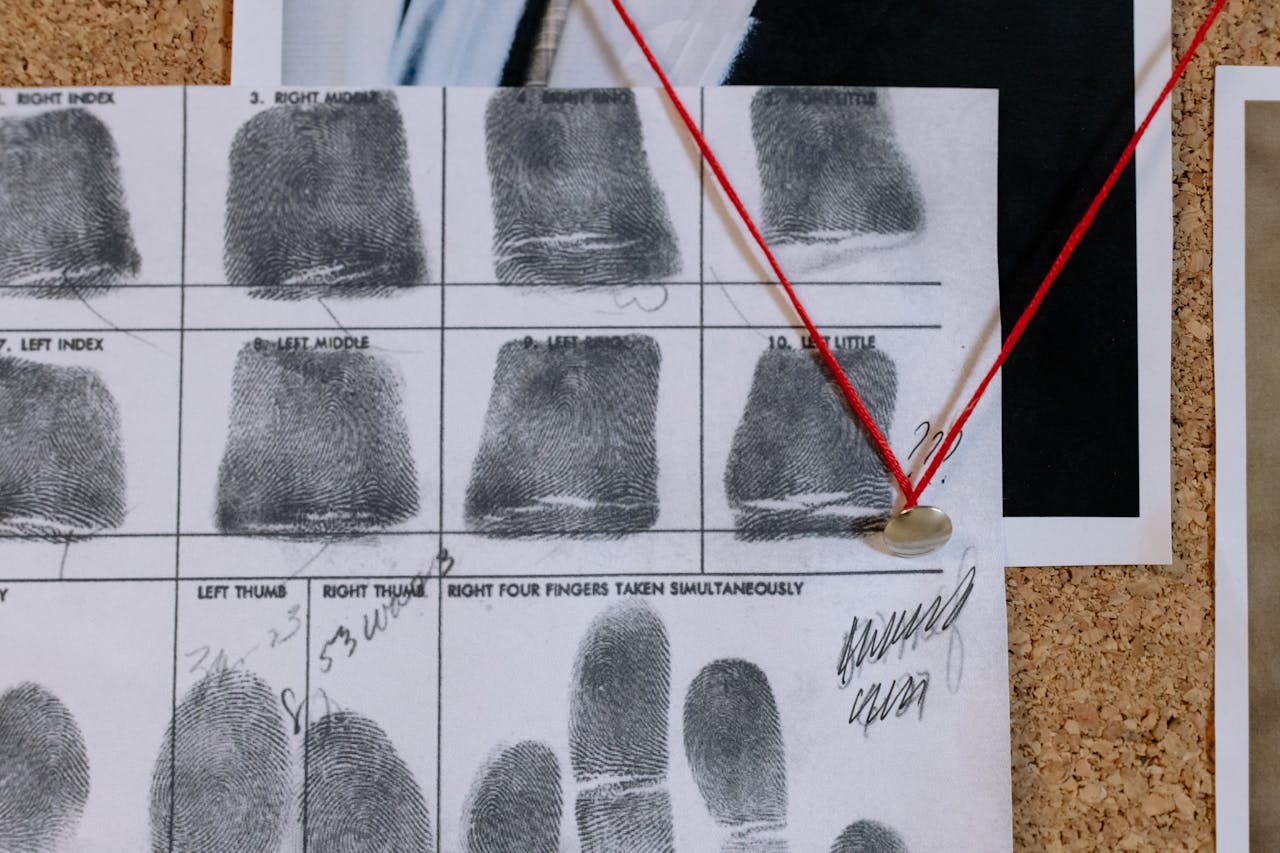 creative Detailed close-up of fingerprint card pinned on a corkboard, showcasing identity documentation.