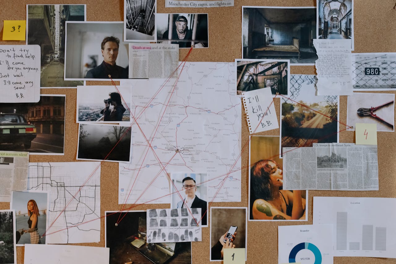 digital A detailed crime investigation board filled with photos, maps, and red strings connecting clues and evidence.