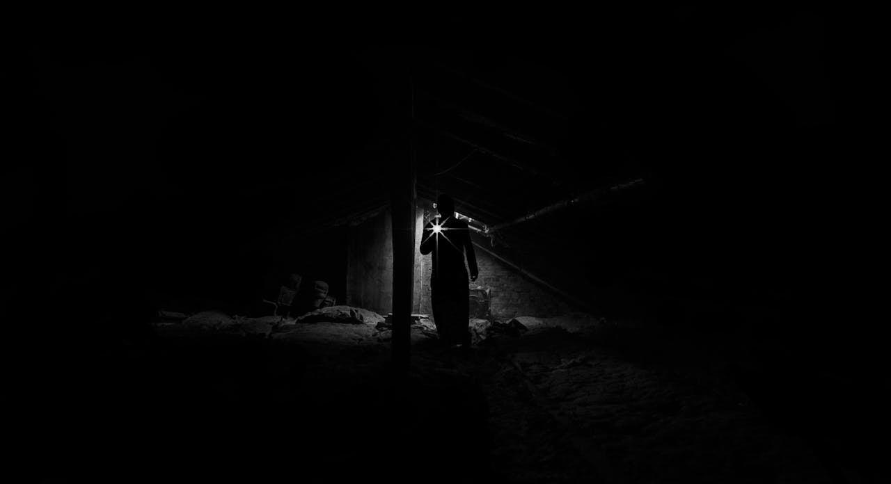 Services-03 A shadowy figure explores a dimly lit, eerie attic with a flashlight.